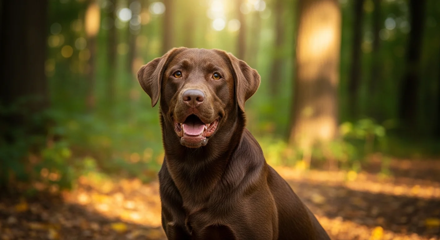 Chocolate Labrador Retriever showing the warm brown coat produced by the B locus