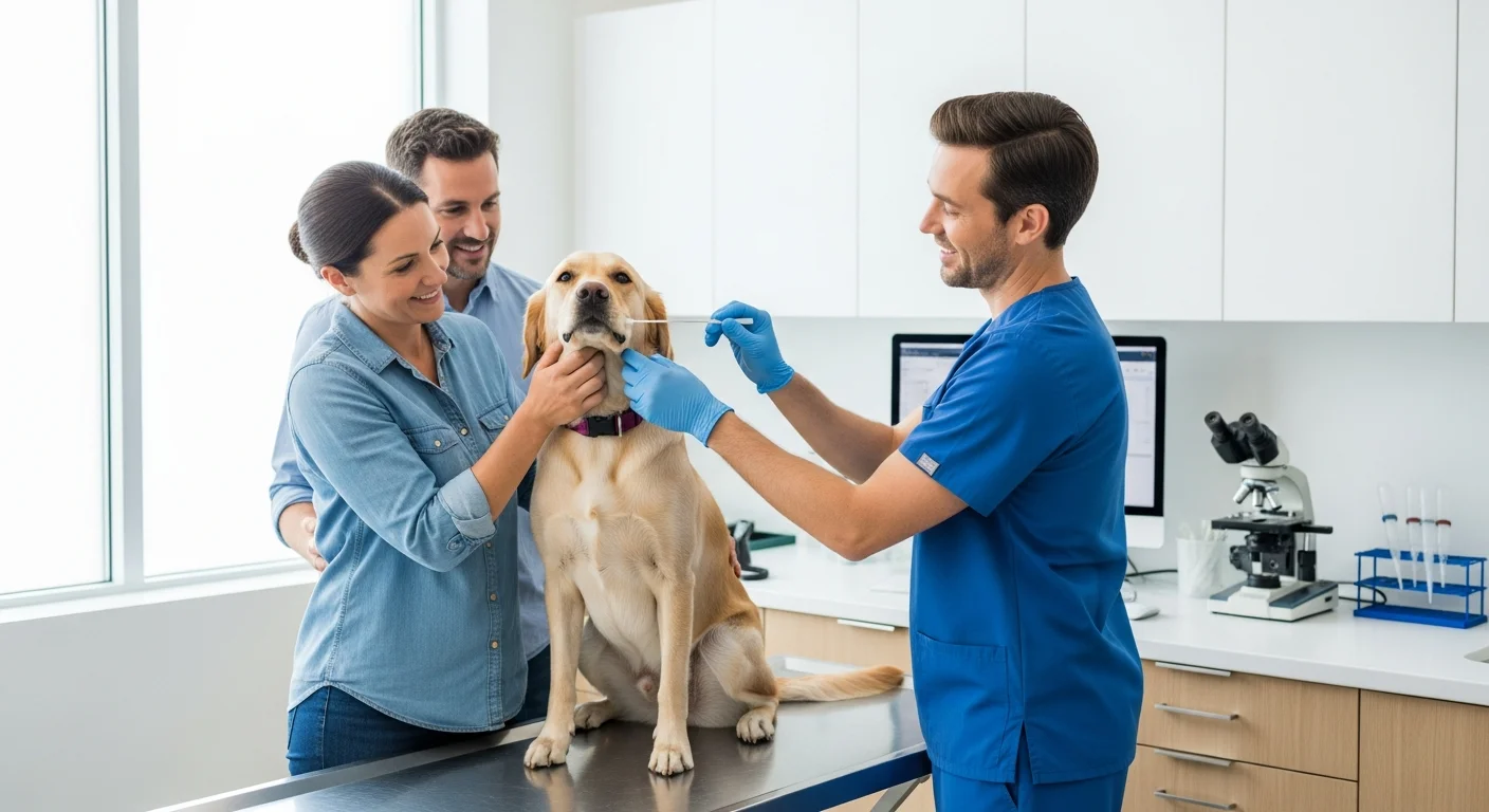 Dog receiving a DNA swab test for coat color genetics analysis