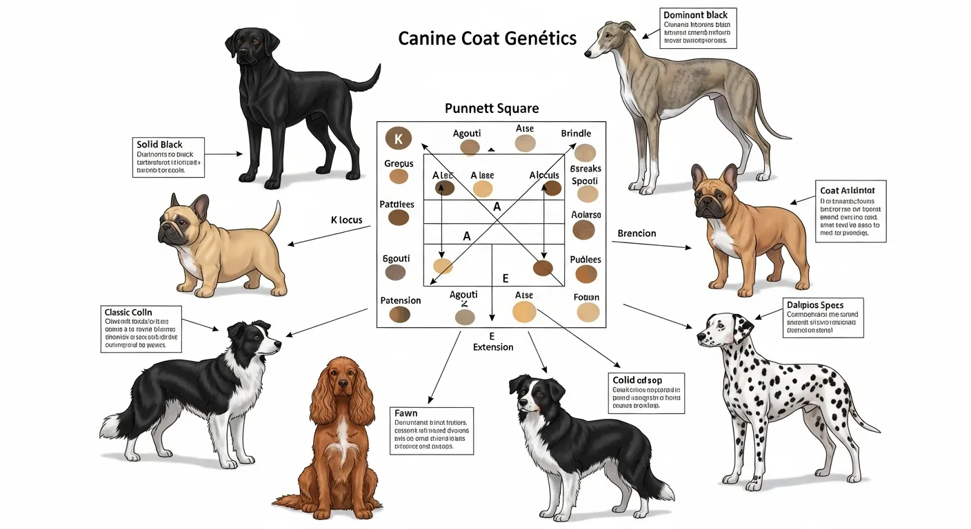 Multiple dog breeds showing solid black, brindle, and fawn coat color patterns illustrating K locus effects